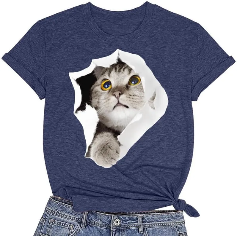 CORIRESHA Women's Cute T-Shirt Summer Short Sleeve Crew Neck Casual Cat Lovers Clothing