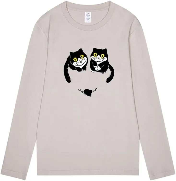 CORIRESHA Women's Teen Cute Cat Crew Neck Long Sleeve Casual Fall Heart T-Shirt