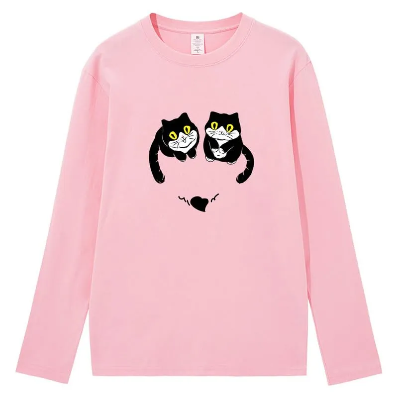 CORIRESHA Women's Teen Cute Cat Crew Neck Long Sleeve Casual Fall Heart T-Shirt