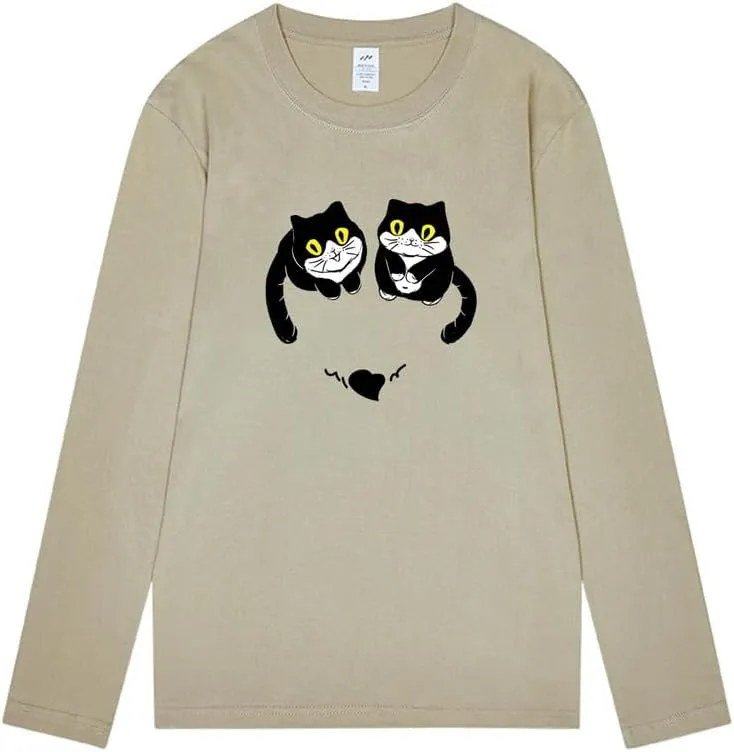 CORIRESHA Women's Teen Cute Cat Crew Neck Long Sleeve Casual Fall Heart T-Shirt