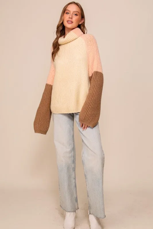 Cream/Peach/Brown Color Block Sweater With Turtleneck