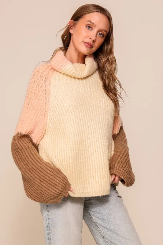 Cream/Peach/Brown Color Block Sweater With Turtleneck