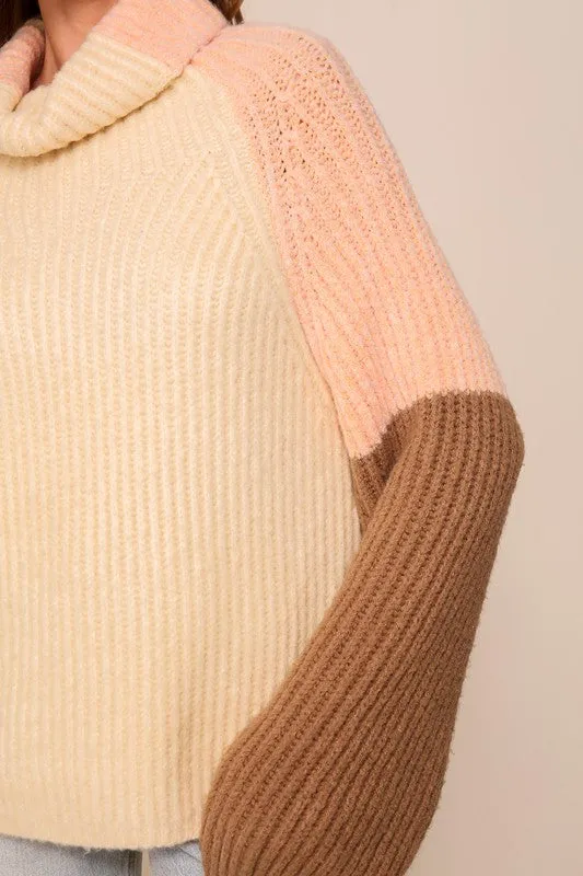 Cream/Peach/Brown Color Block Sweater With Turtleneck