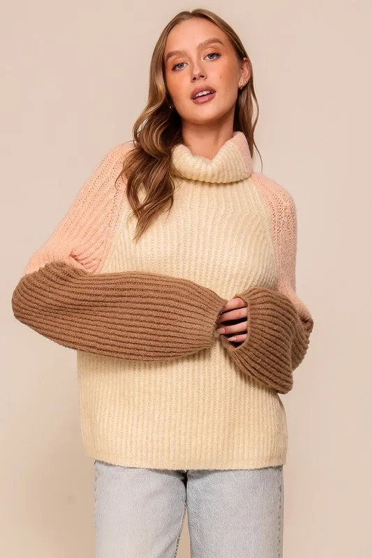 Cream/Peach/Brown Color Block Sweater With Turtleneck