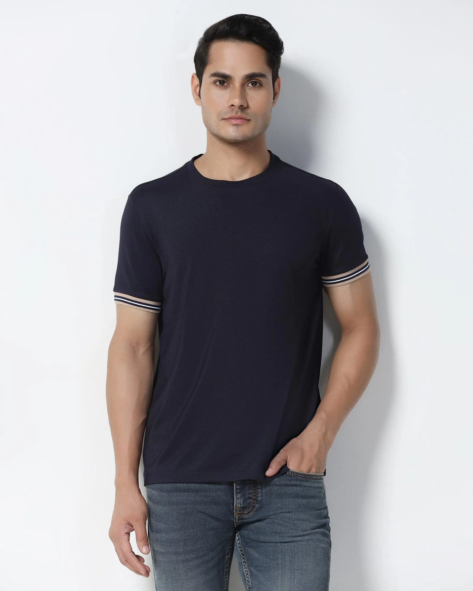 Crew Neck Navy Solid T-Shirt - Band