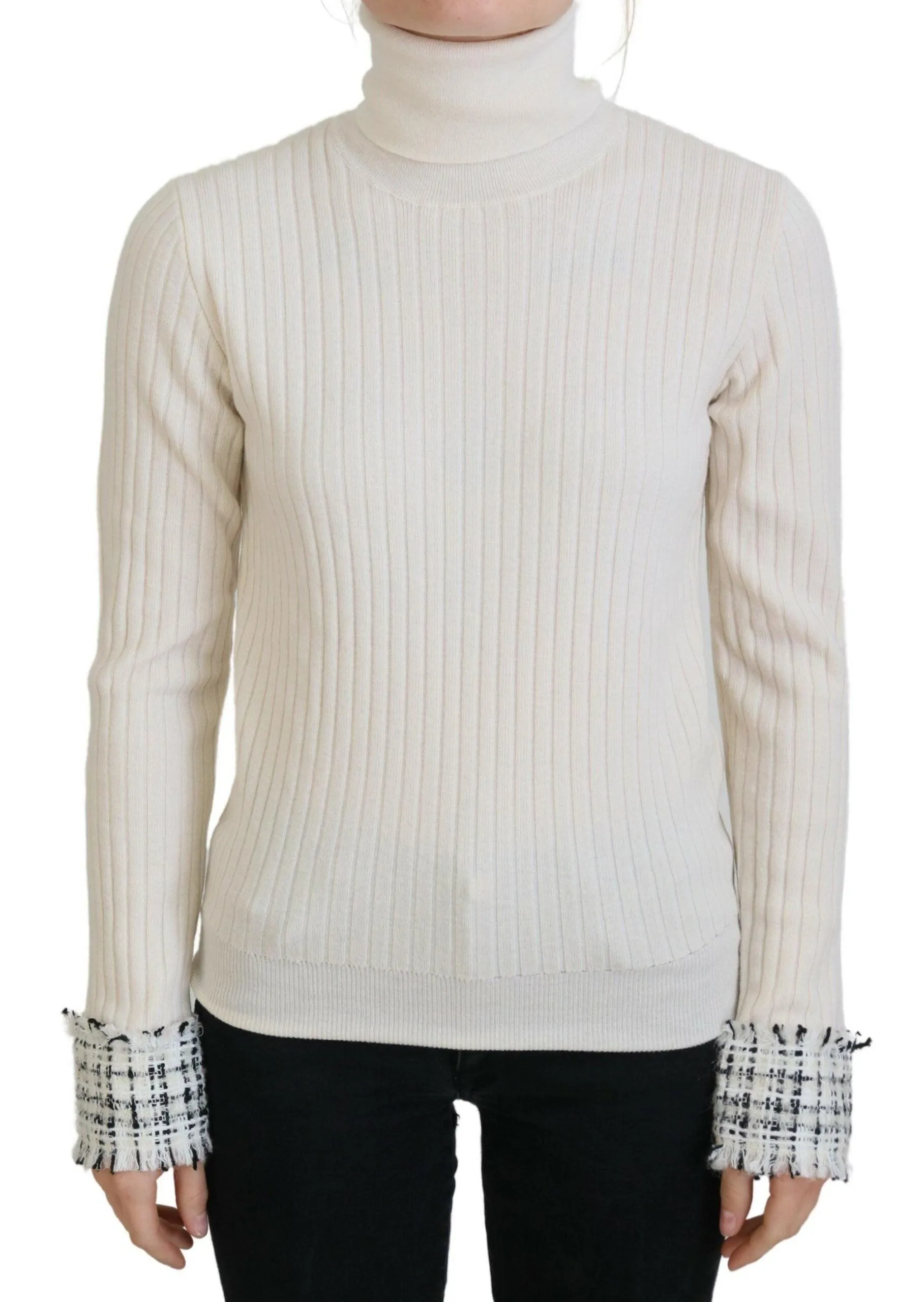 Dolce & Gabbana Ivory Turtleneck Distressed Cuff Pullover Sweater