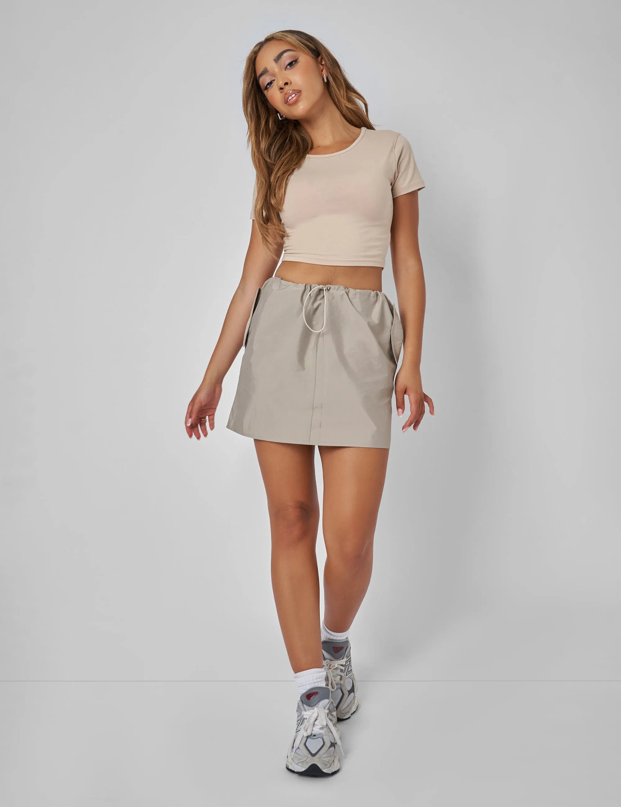 Drawstring Waist Cargo Mini Skirt Khaki