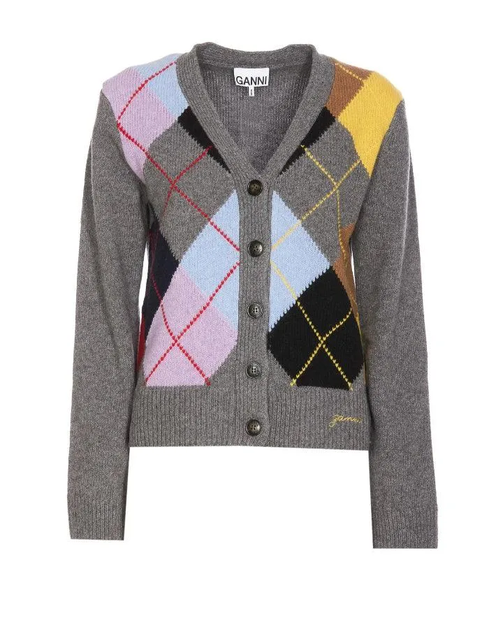 Ganni Harlequin Wool Mix  Knit Cardigan