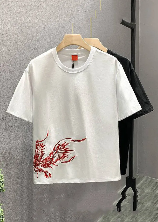 Handmade White O-Neck Embroideried Cotton T Shirts Men Summer LK042