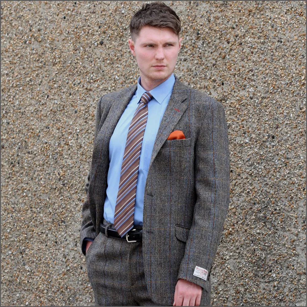 Harris Tweed Brown, Blue Herringbone Jacket>>