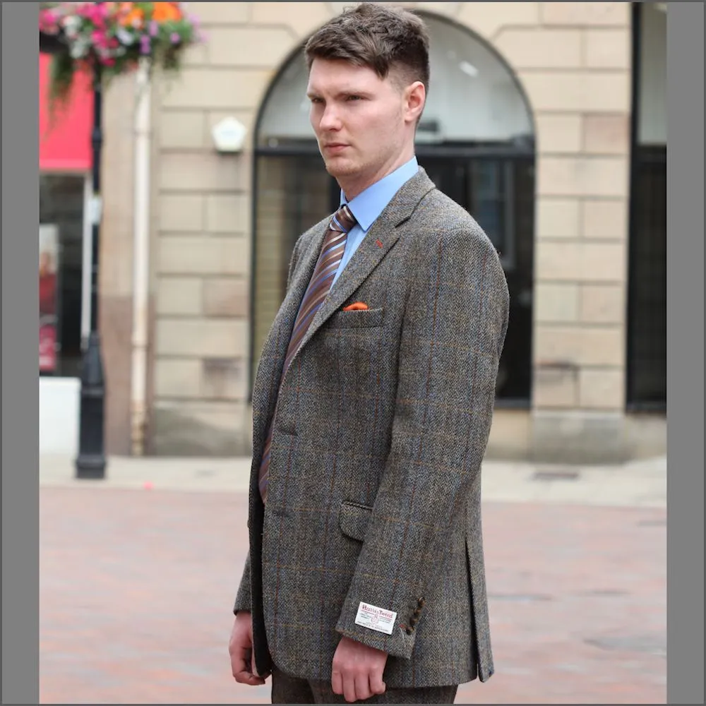 Harris Tweed Brown, Blue Herringbone Jacket>>