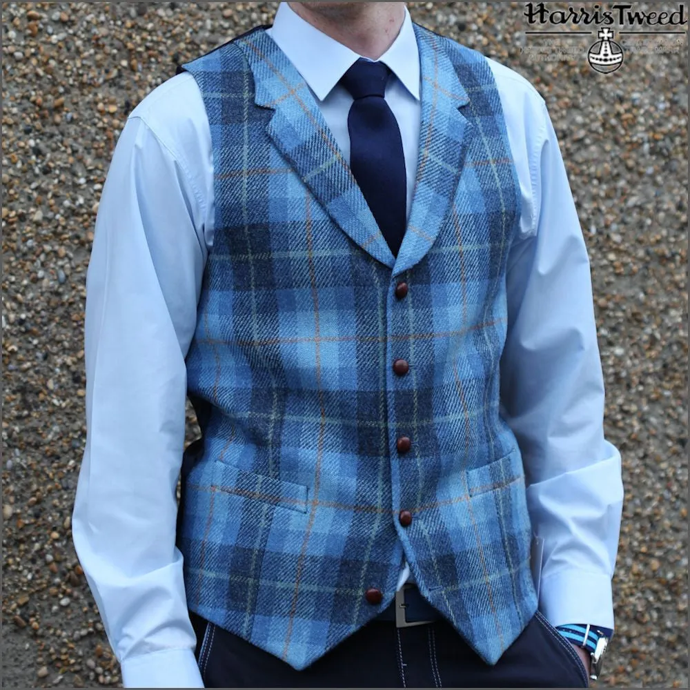 Harris Tweed Light Blue Check Waistcoat--