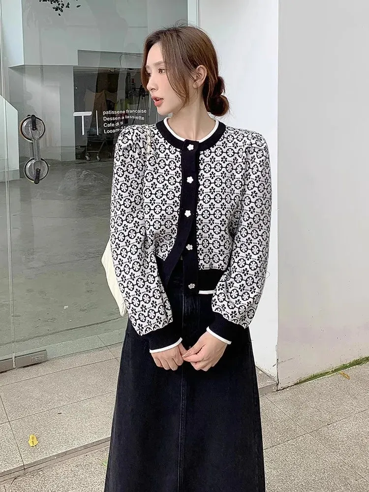 High Quality Fashion Designer Floral Jacquard Cardigan Long Sleeve Single Breasted Contrast Color Women Knitted Sweater C-165