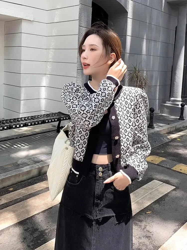 High Quality Fashion Designer Floral Jacquard Cardigan Long Sleeve Single Breasted Contrast Color Women Knitted Sweater C-165