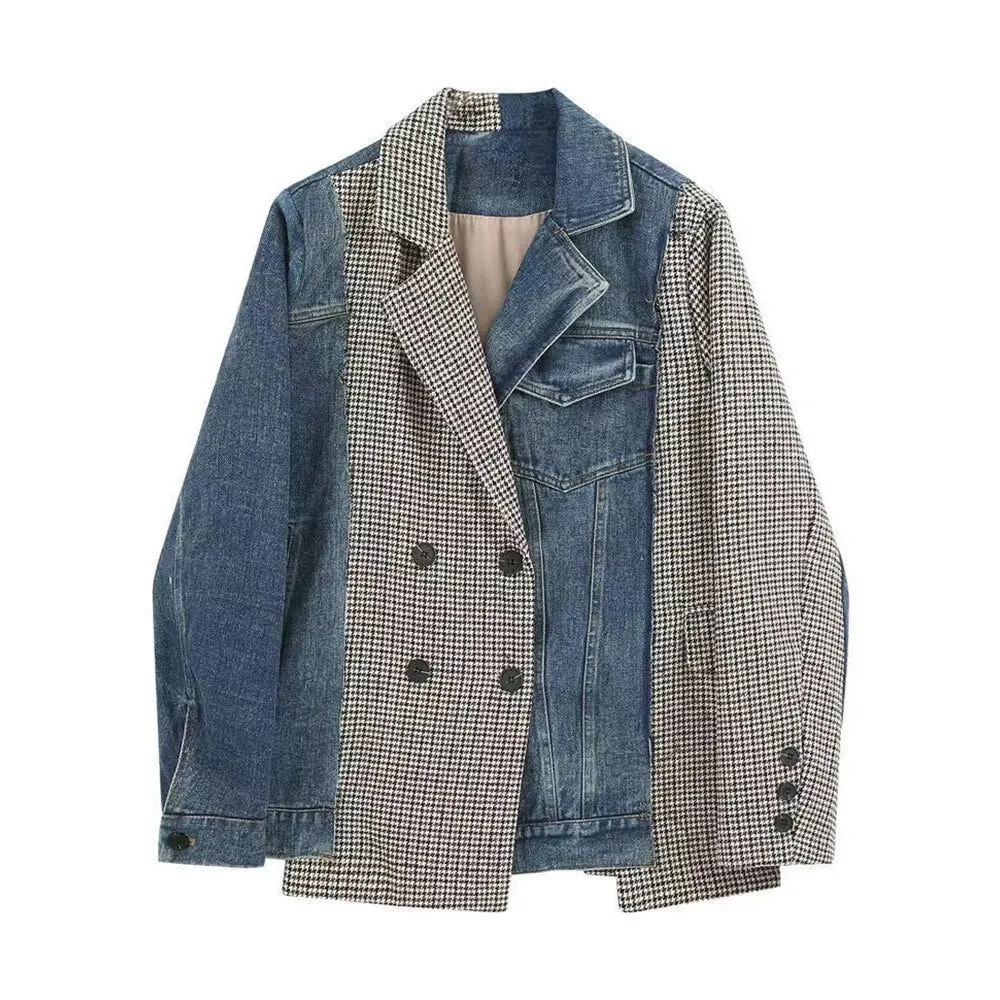 Hit Color Patchwork Denim Plaid Jackets For Women Lapel Long Sleeve Patchwork Double Breasted Casual Jacket Female