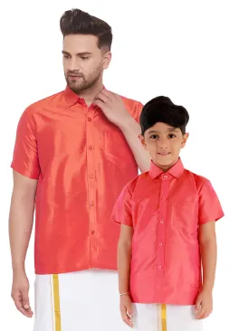 Jashvi Men's & Boys Red Solid Silk Blend Half Sleeve Ethnic Shirt