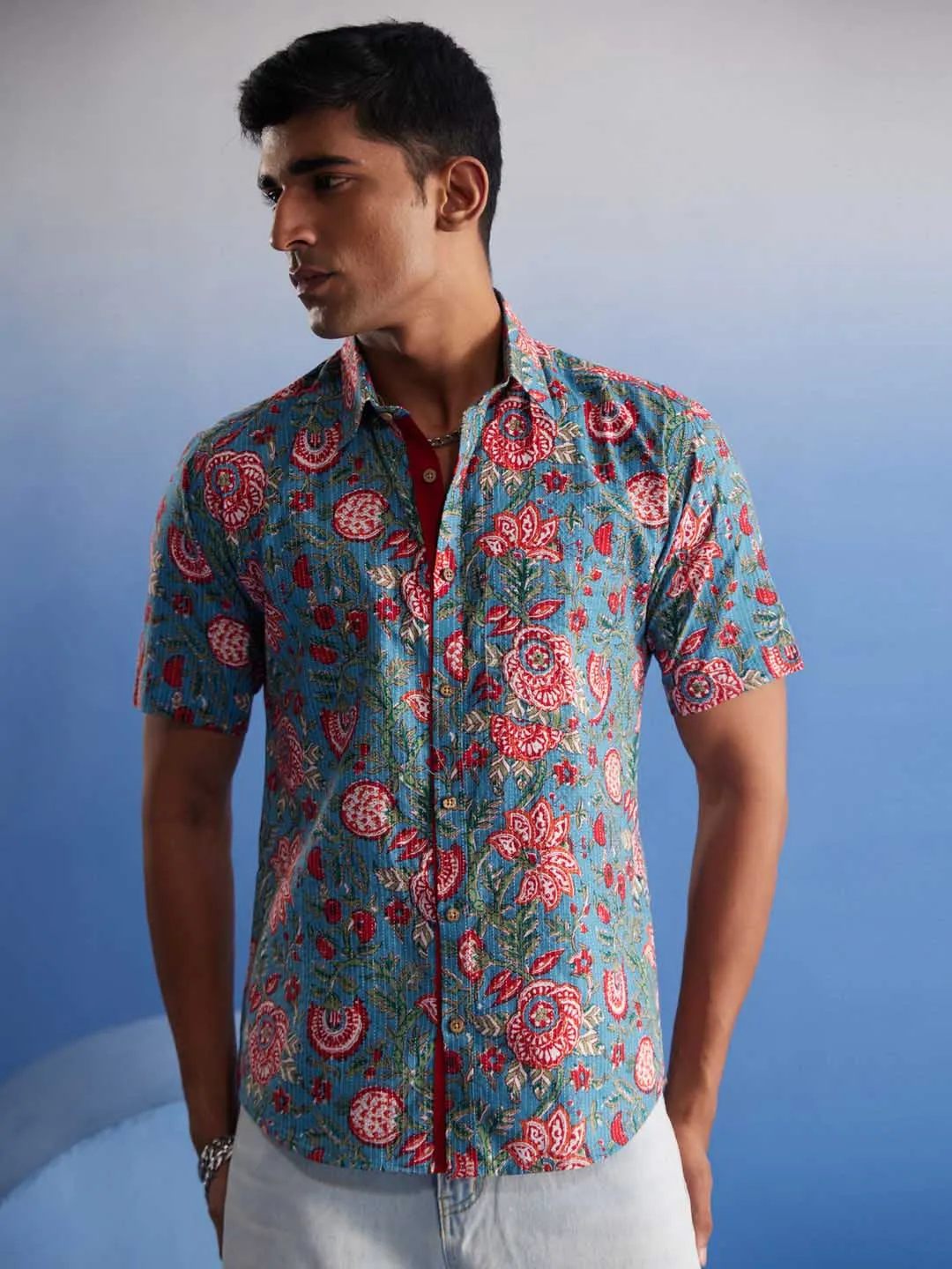 Jashvi Men's Aqua Kalamkari Cotton Shirt