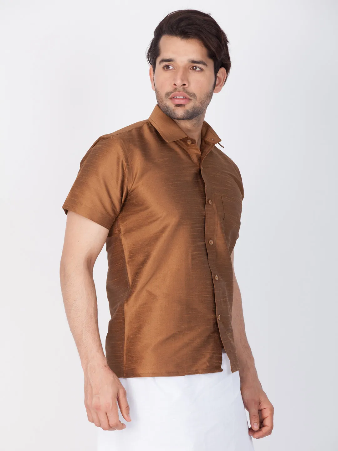 Jashvi Men's Brown Silk Blend Ethnic Shirt