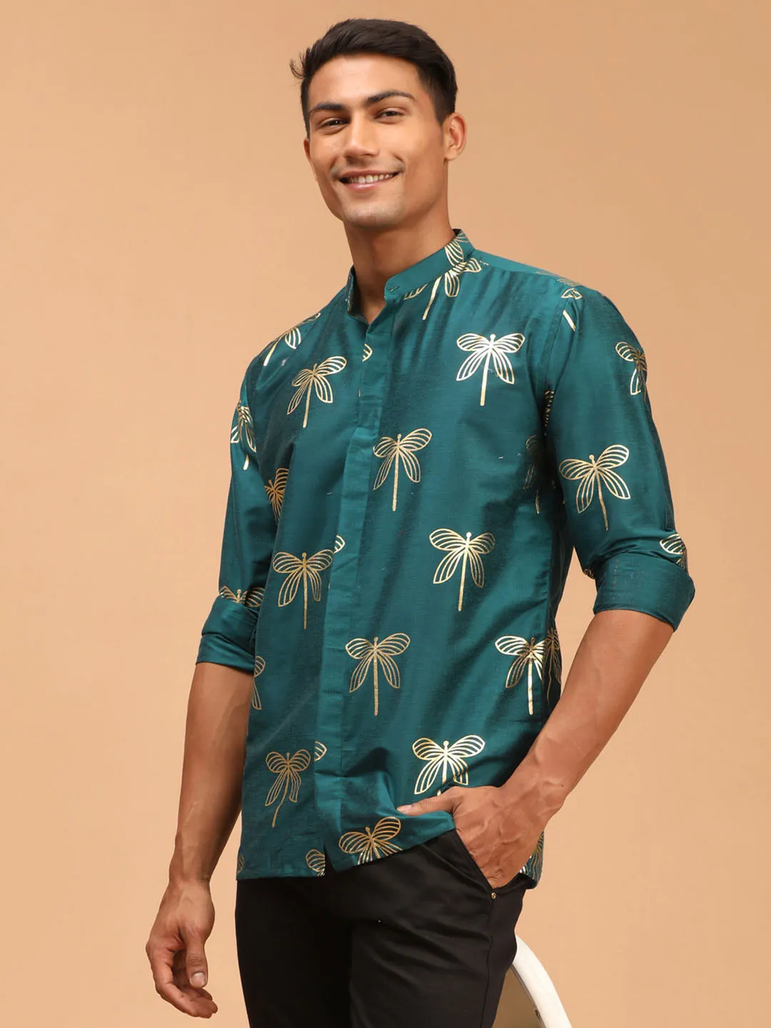 Jashvi Men's Green Foil Print Shirt