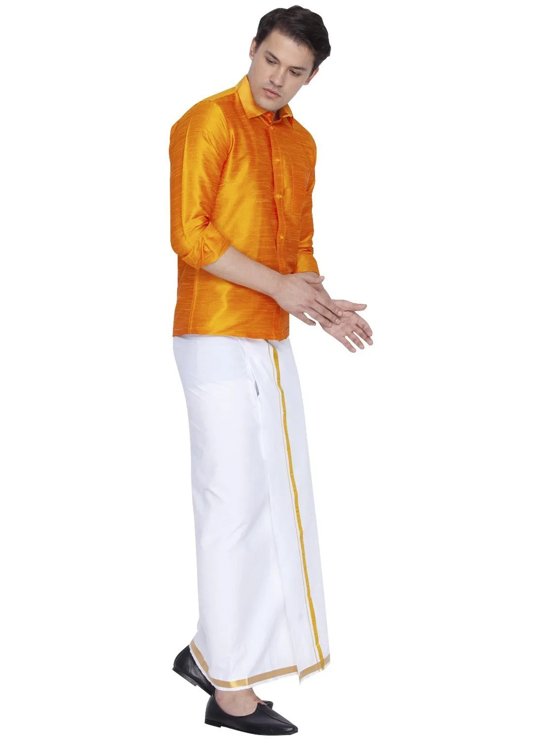 Jashvi Men's Orange Cotton Silk Blend Shirt and Mundu Set