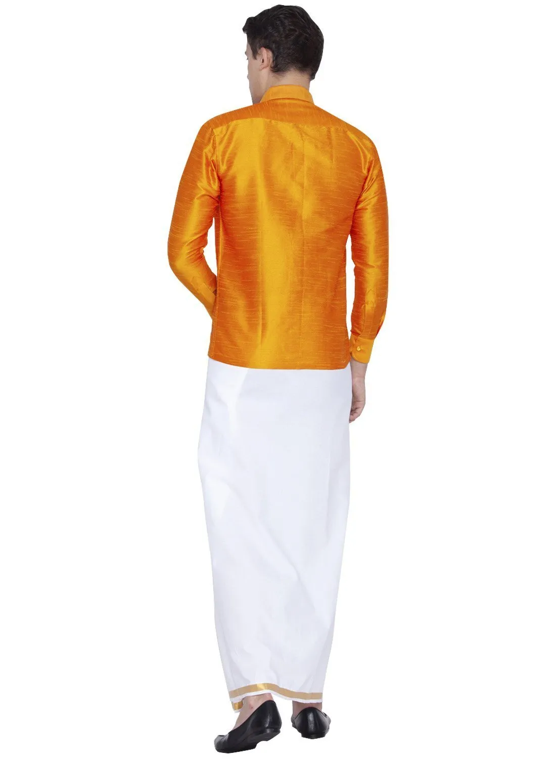 Jashvi Men's Orange Cotton Silk Blend Shirt and Mundu Set