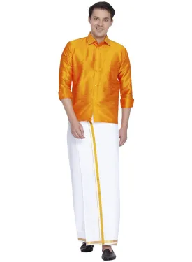 Jashvi Men's Orange Cotton Silk Blend Shirt and Mundu Set