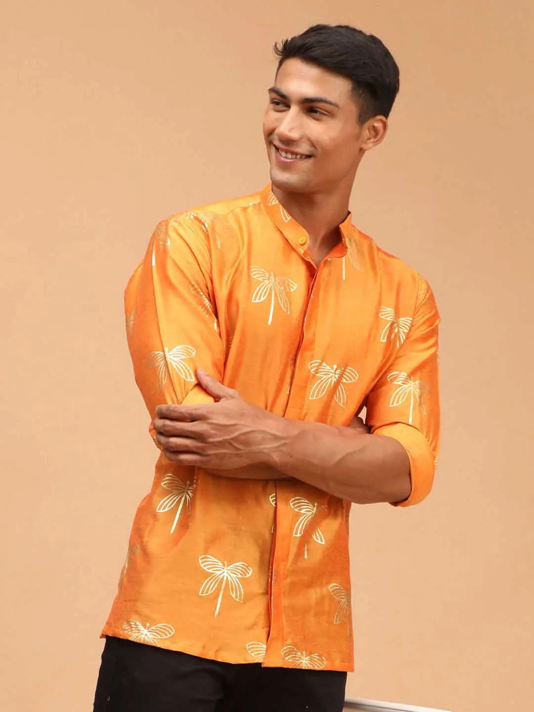 Jashvi Men's Orange Foil Print Shirt