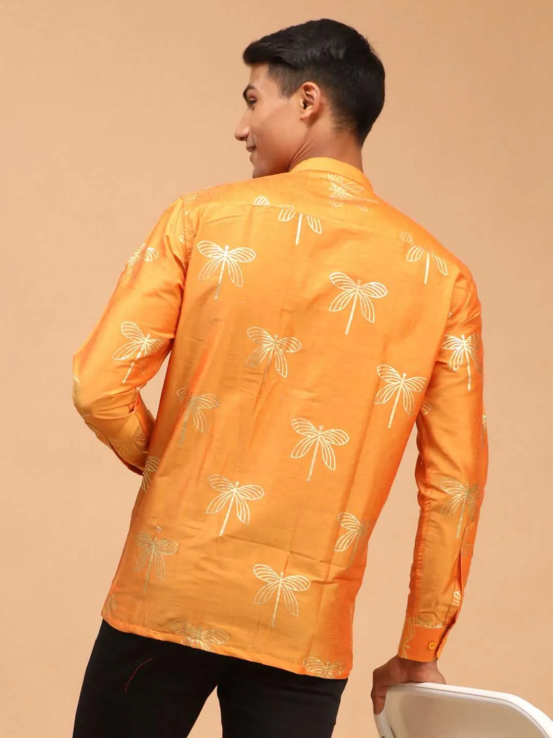 Jashvi Men's Orange Foil Print Shirt