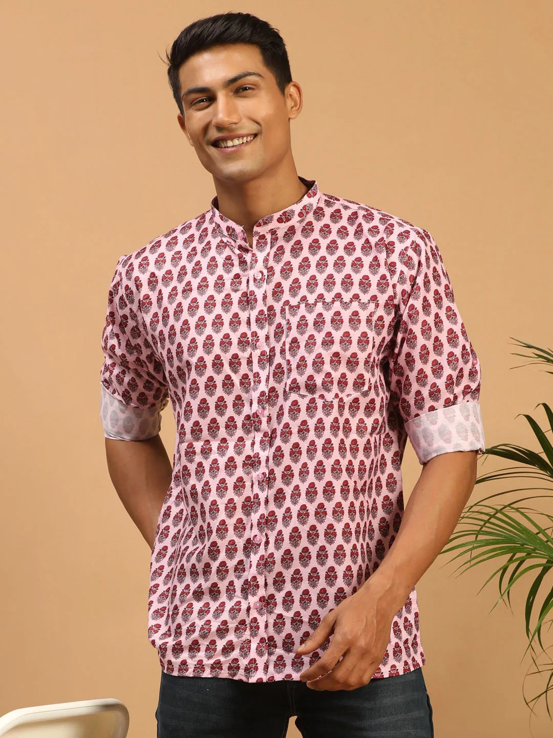 Jashvi Men's Pink Cotton Blend Printed Shirt