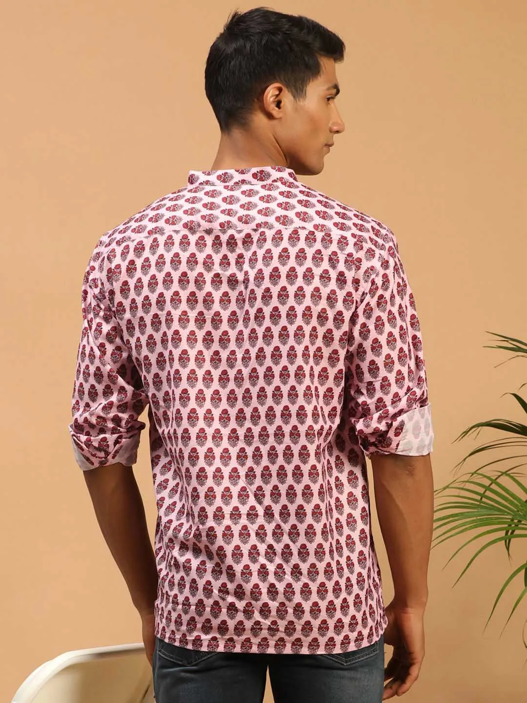 Jashvi Men's Pink Cotton Blend Printed Shirt