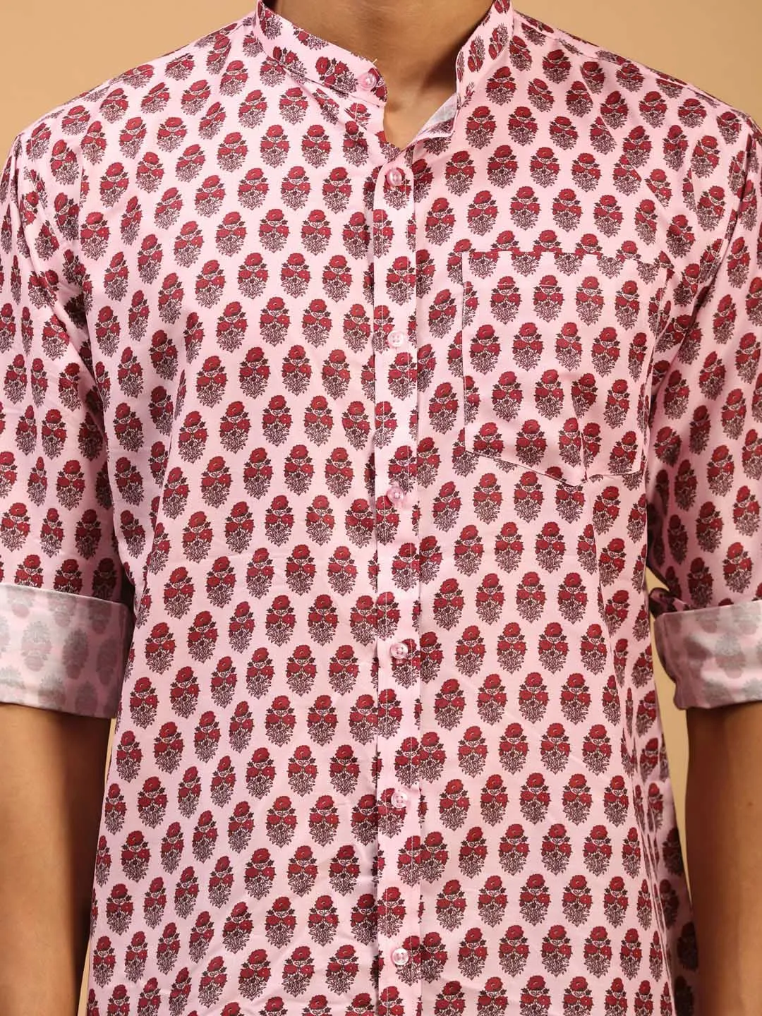 Jashvi Men's Pink Cotton Blend Printed Shirt