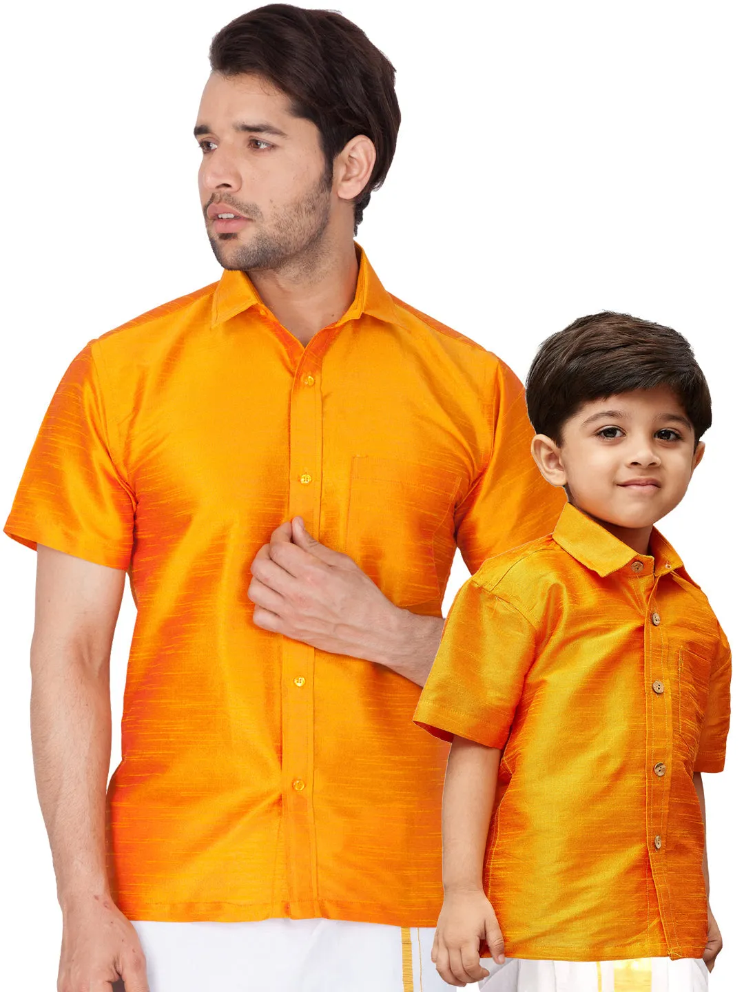 Jashvi Orange Silk Blend Baap Beta Shirt set