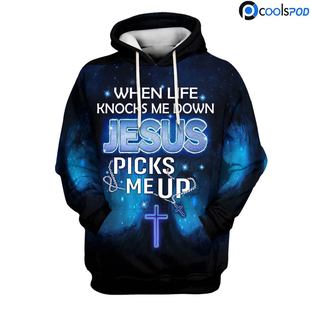 Jesus Hoodie When Life Knocks Me Down 3D All Over Print Religious Hoodie Men Women