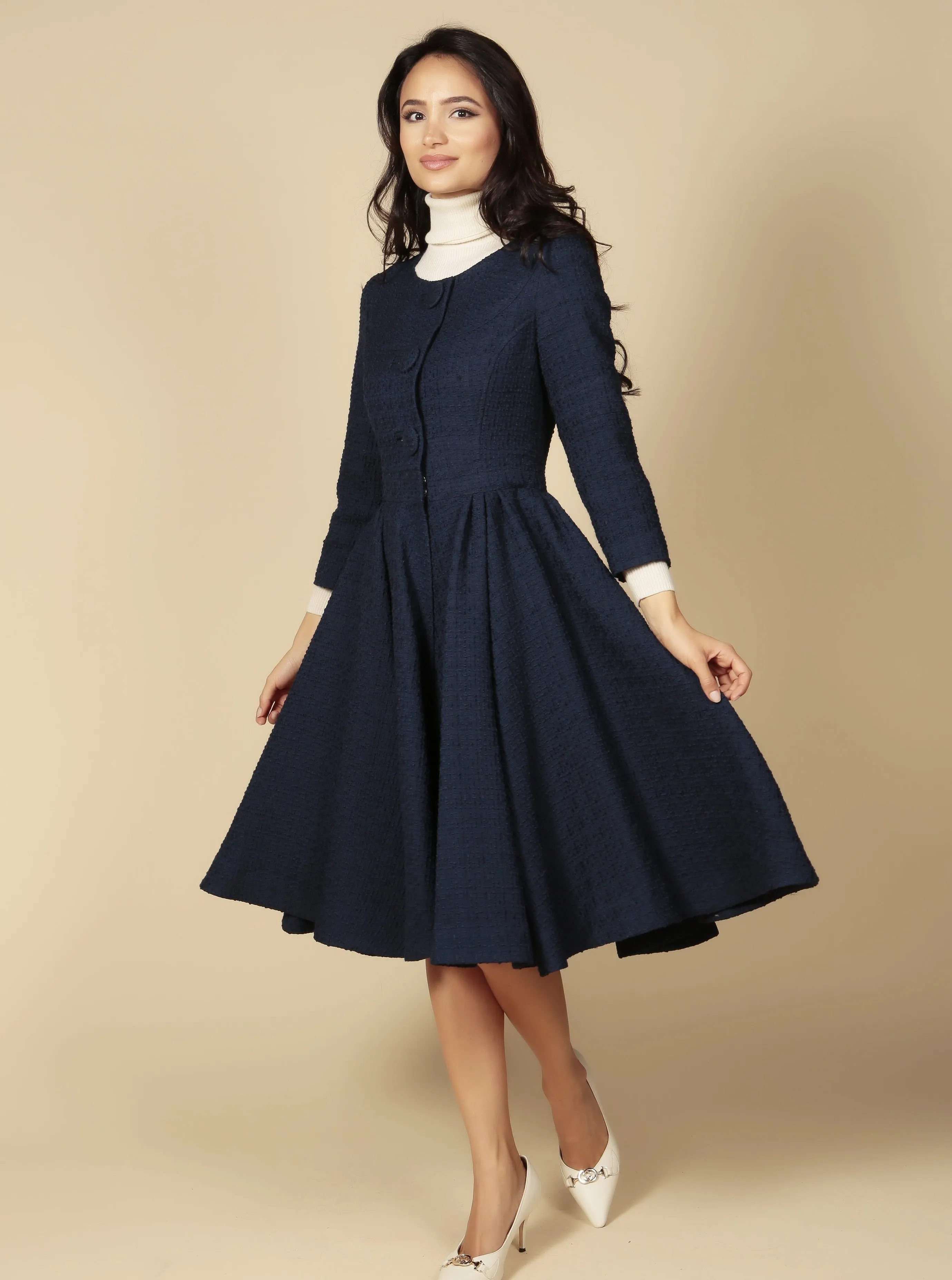 'Lady' Italian Wool Swing Dress Coat in Blu