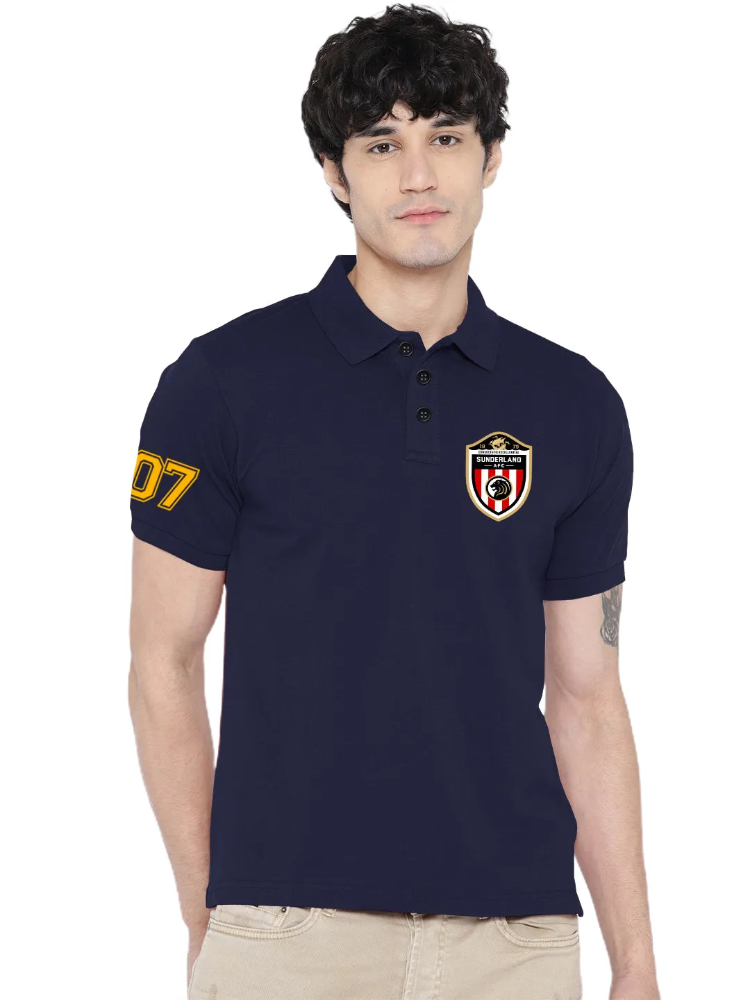 Lazychunks Printed Navy Blue Polo Tshirt For Men