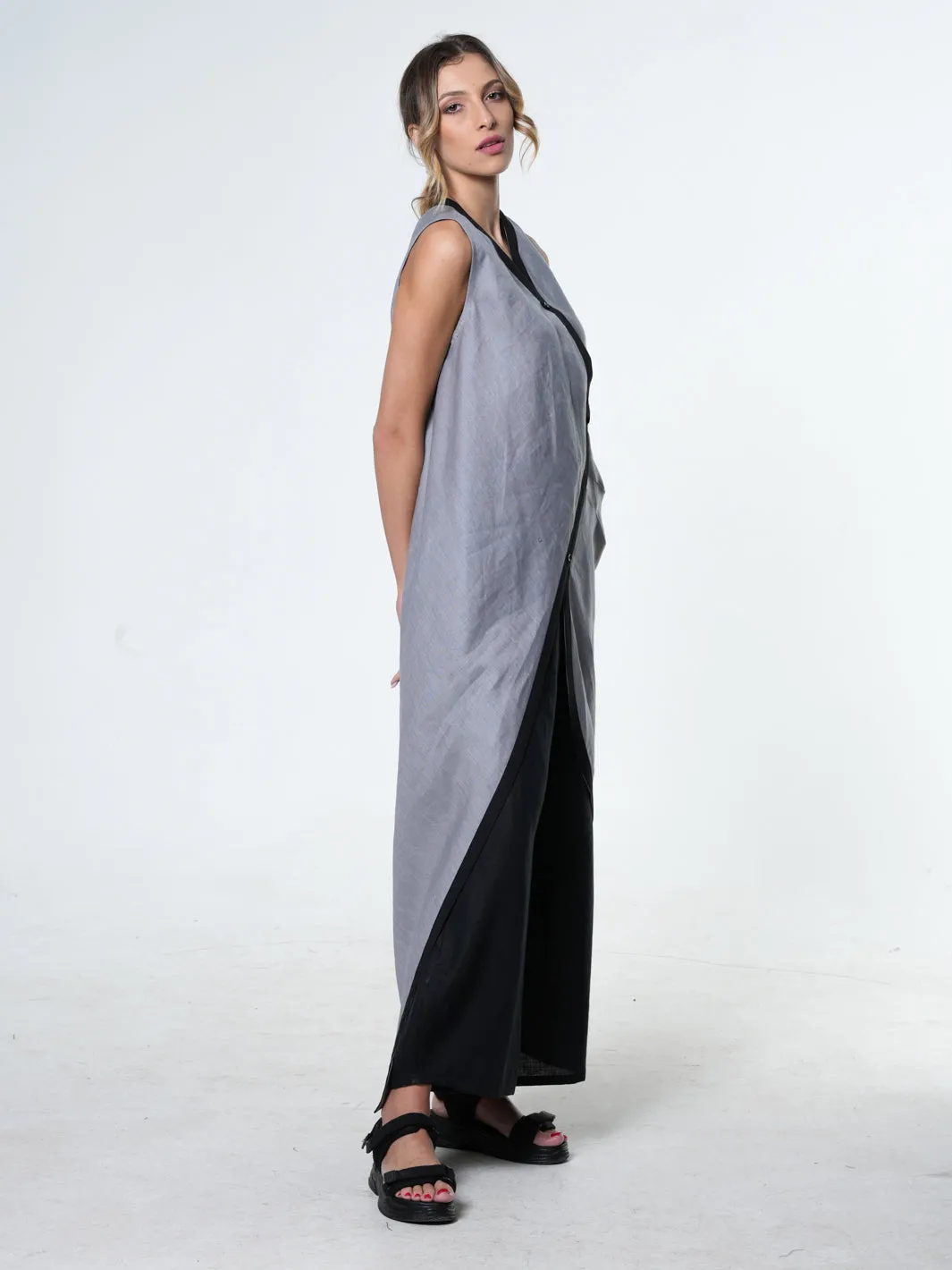 Long Linen Tunic Top In Gray