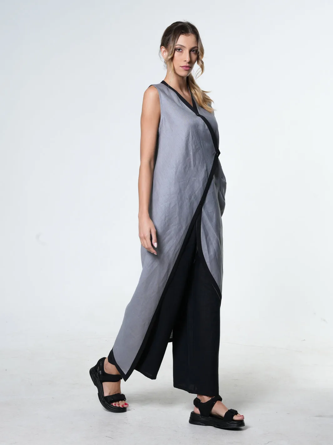 Long Linen Tunic Top In Gray