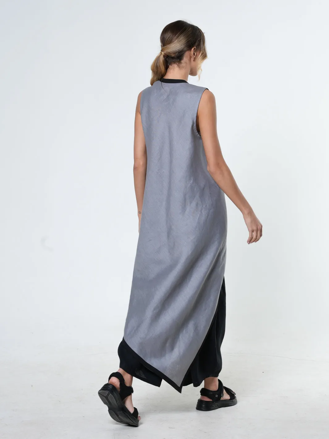 Long Linen Tunic Top In Gray