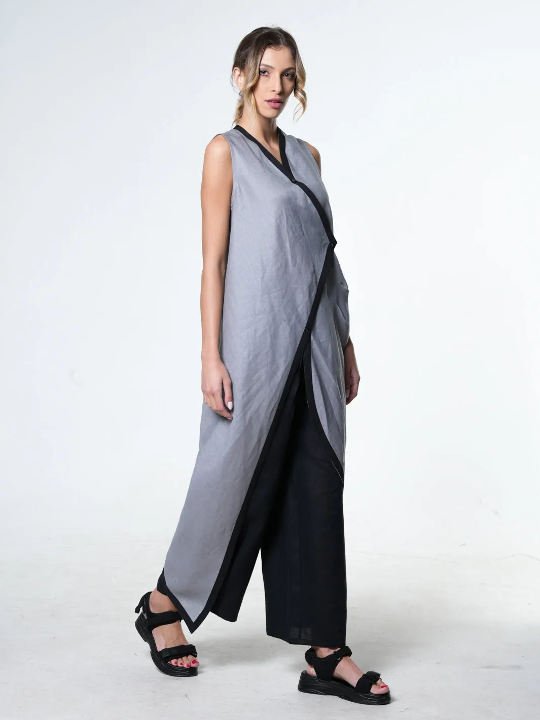 Long Linen Tunic Top In Gray