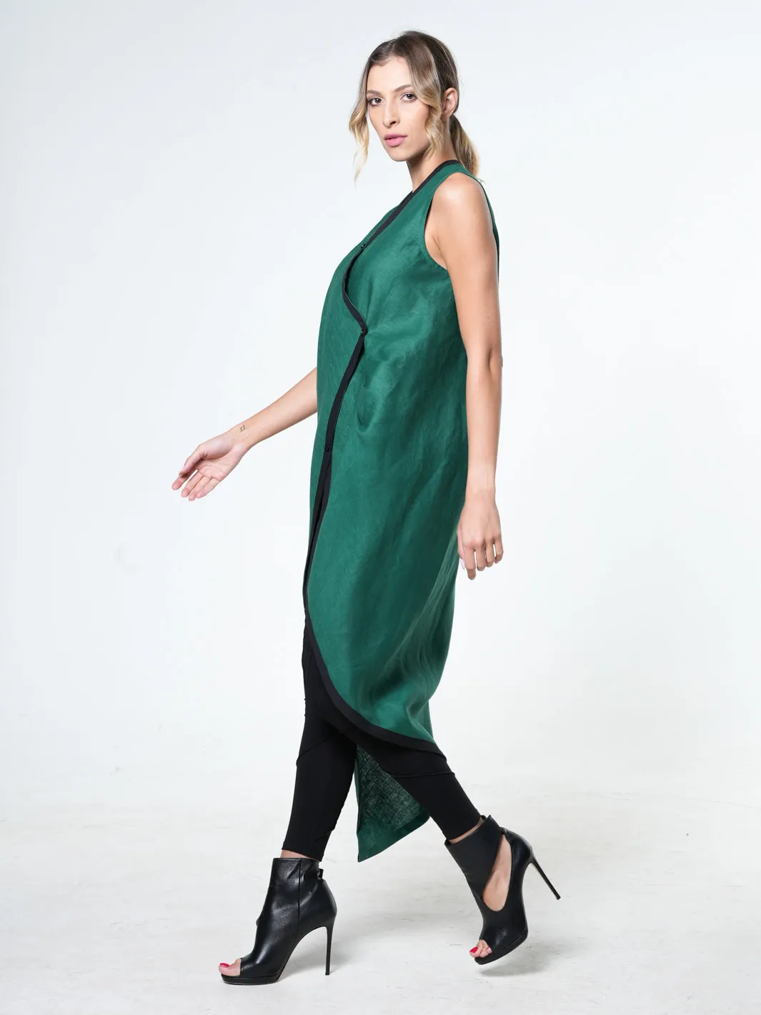 Long Linen Tunic Top In Green