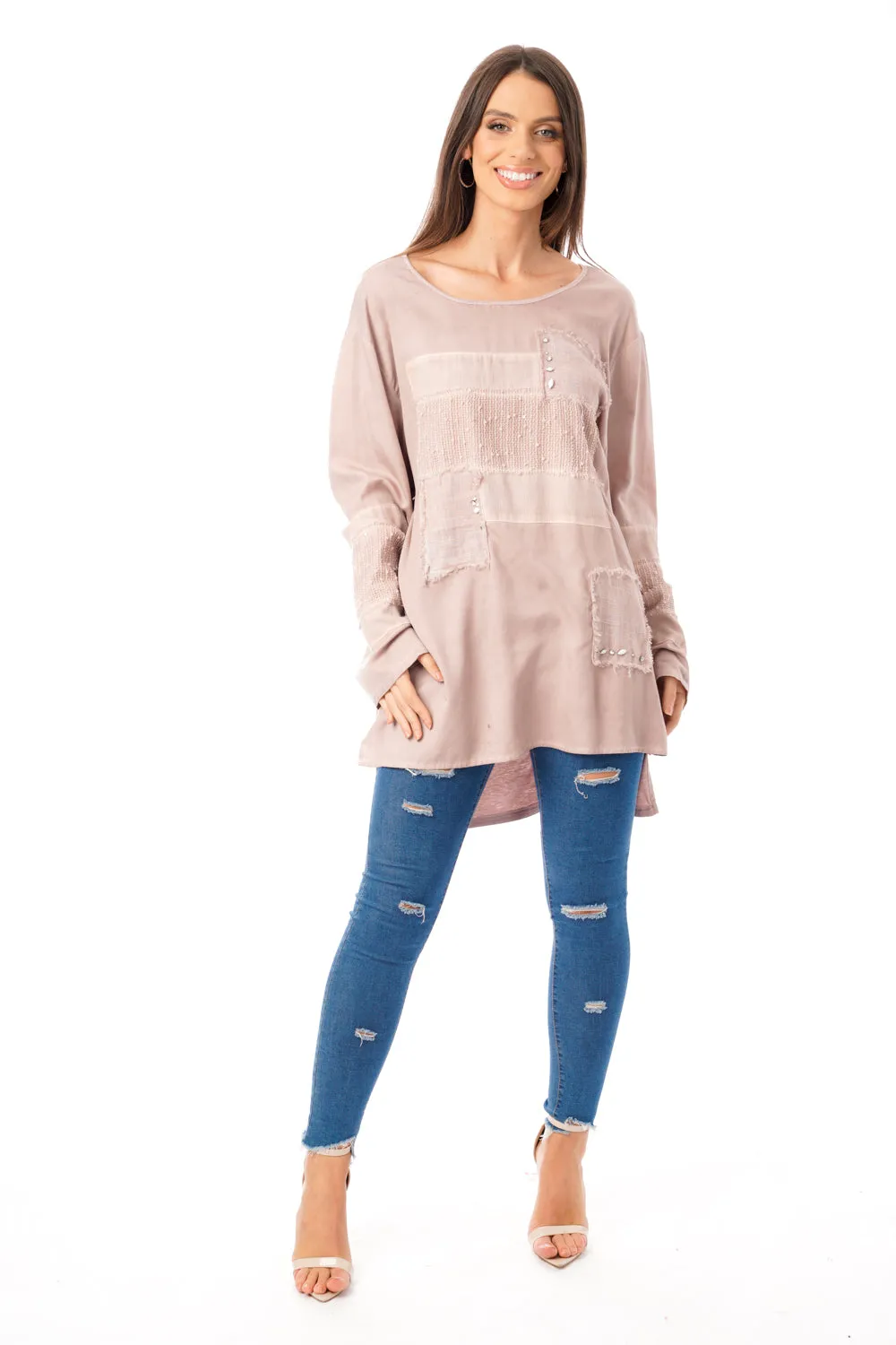 Long Sleeve Knitted Top with Diamante Mesh Patchwork