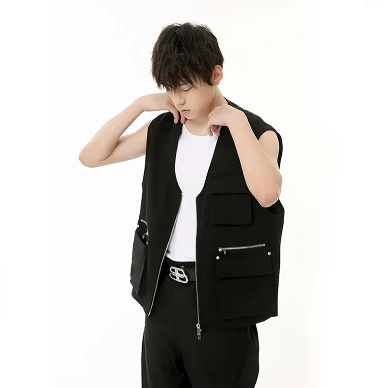 Male Black Vest New Sleeveless Collarless Zipper Design Large Pocket Cargo Men's Waistcoat Summer Fashion 9C6691