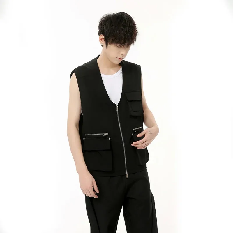 Male Black Vest New Sleeveless Collarless Zipper Design Large Pocket Cargo Men's Waistcoat Summer Fashion 9C6691