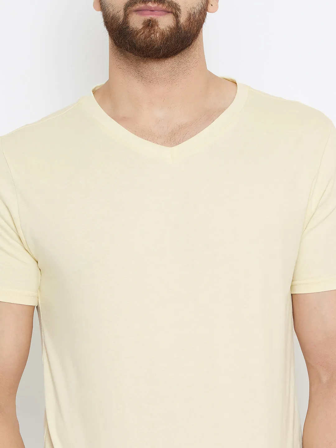 Men Beige Solid V Neck T-shirt