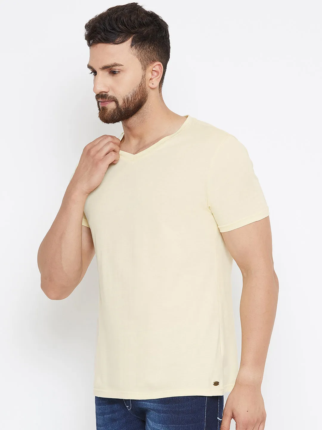 Men Beige Solid V Neck T-shirt