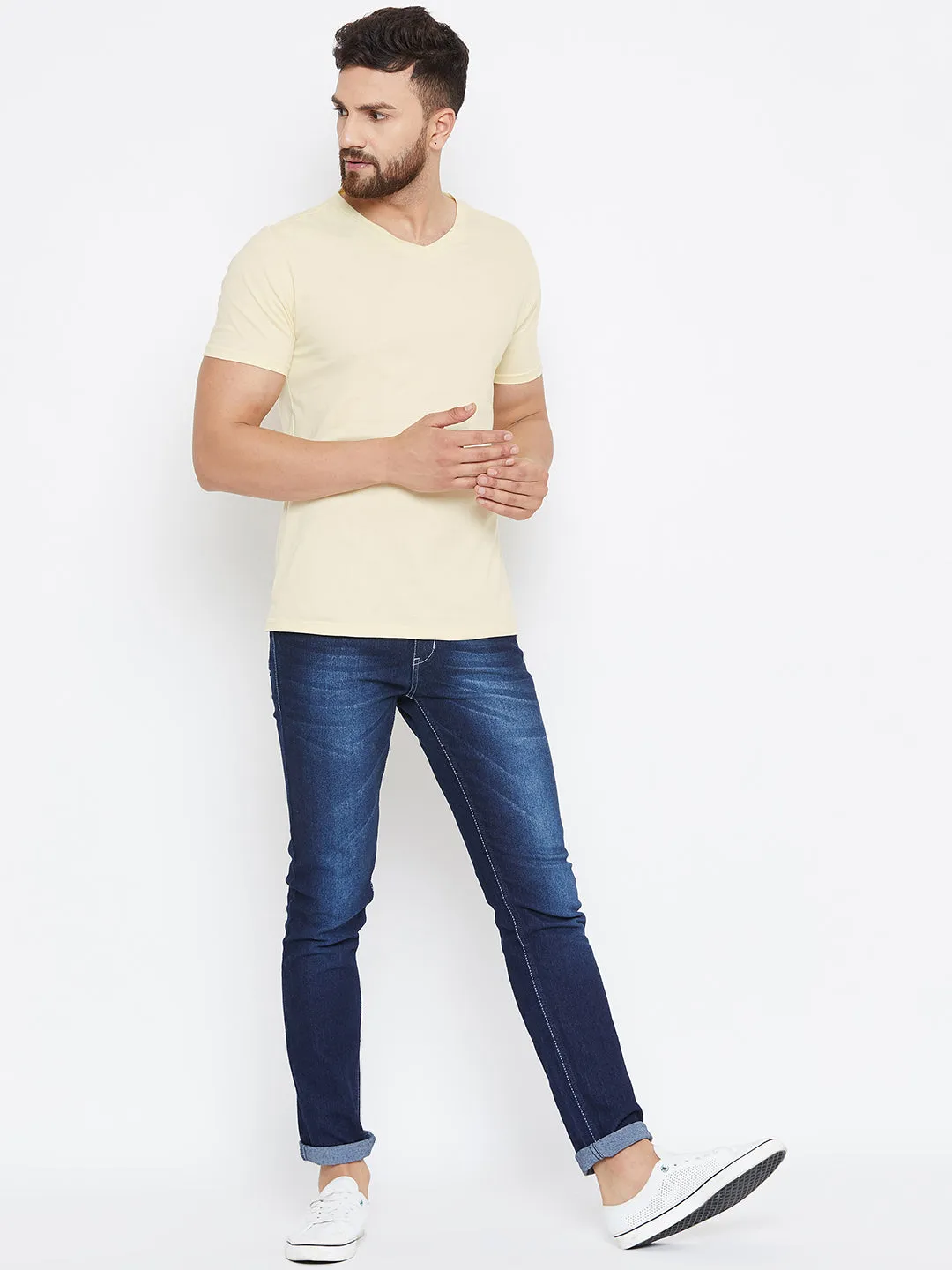 Men Beige Solid V Neck T-shirt