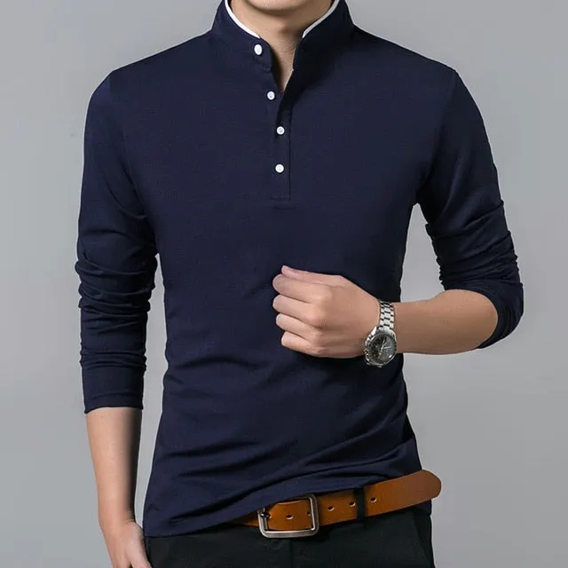 Mens Cotton Full Sleeve Solid Color Mandarin Collar T-Shirt