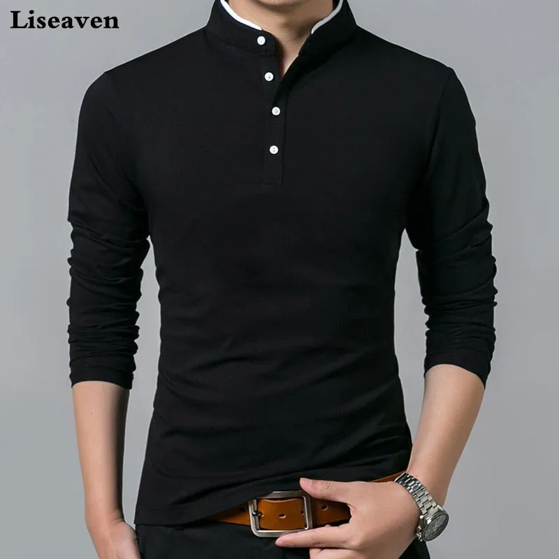 Mens Cotton Full Sleeve Solid Color Mandarin Collar T-Shirt