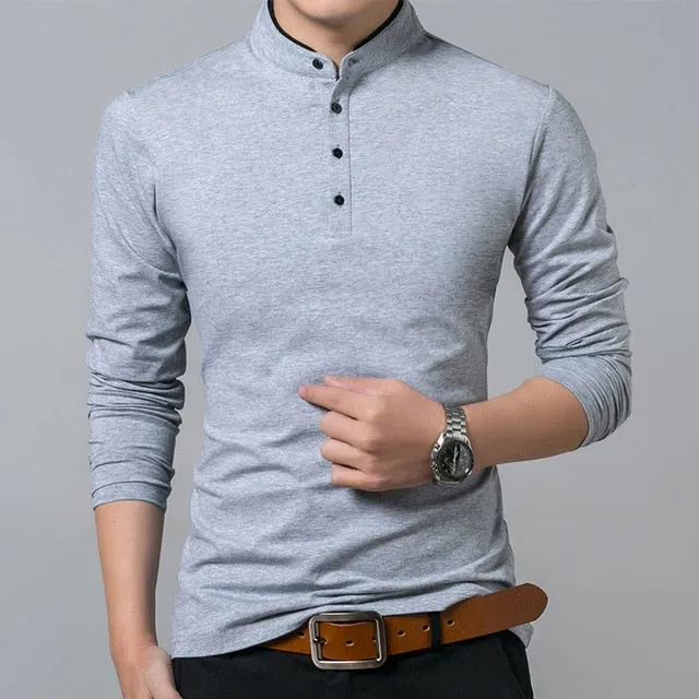 Mens Cotton Full Sleeve Solid Color Mandarin Collar T-Shirt