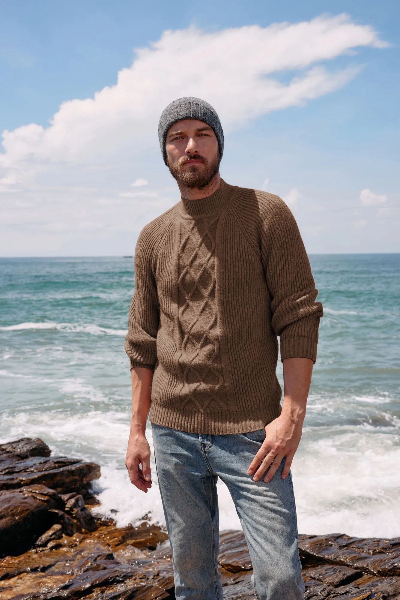 Men's Mock Neck Sweater Casual Cable Twisted Knitted Pullover Sweater